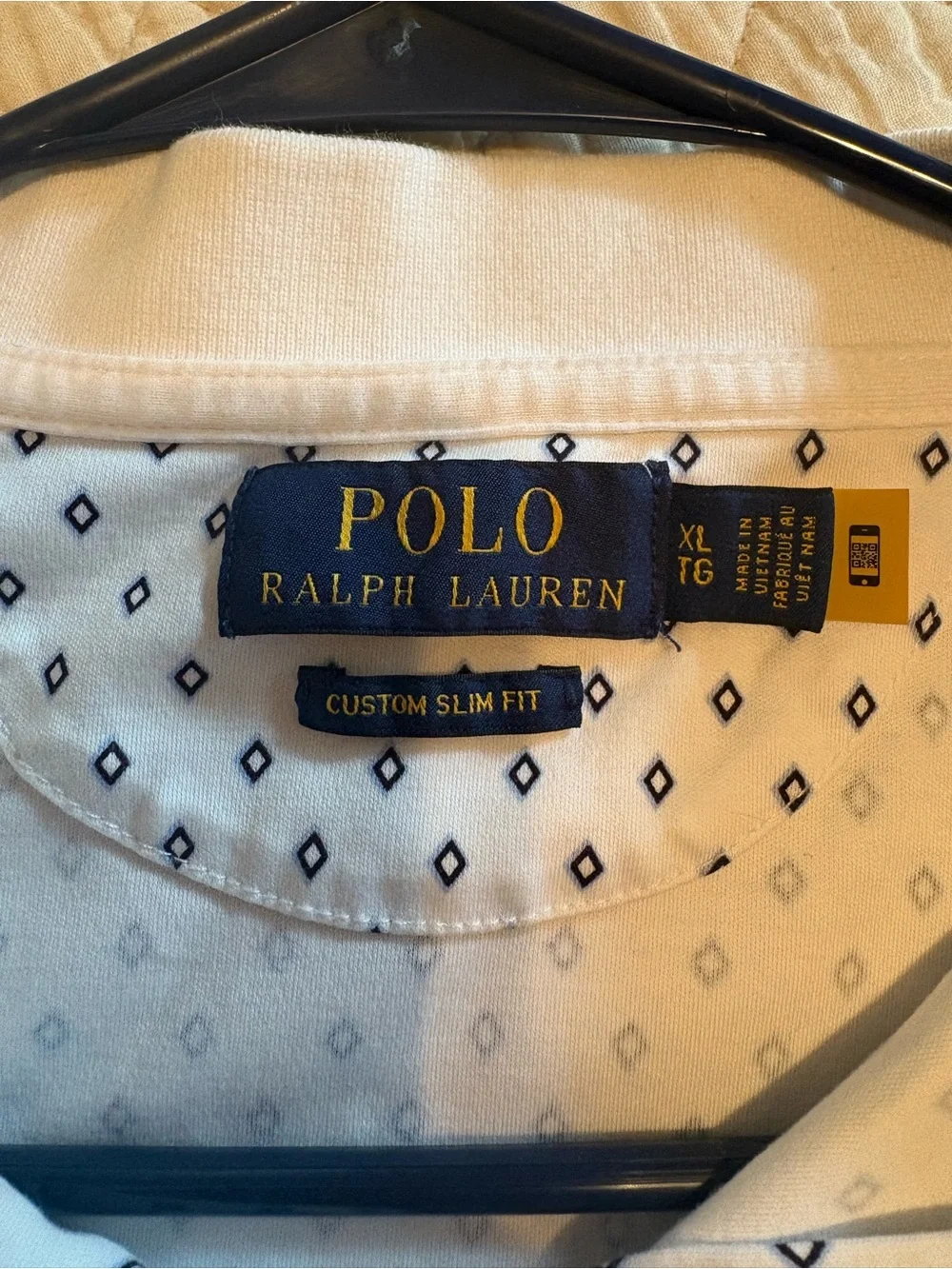 Ralph Lauren White Polo with Navy Micro-Diamond Print